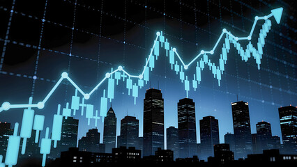 夜景の都市と上昇する株価チャート