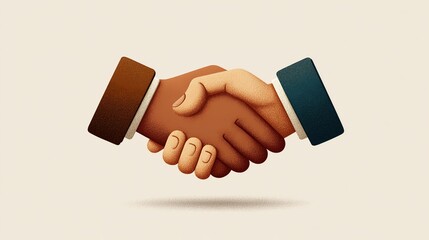 A stylized illustration of two hands shaking, one light and one dark-skinned, signifying partnership, agreement, or unity, rendered in a textured, slightly 