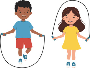 Happy children jumping rope outdoors in summer, playful activity, physical exercise, fun childhood moment, colorful vector illustration for educational use