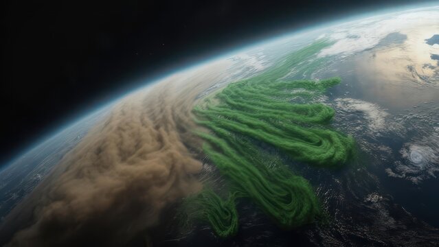 Earth's surface, viewed from space, with swirling, greenish atmospheric patterns, contrasting with a brown dust storm