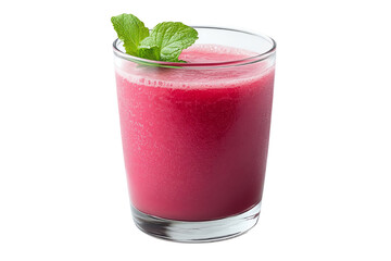 Refreshing pink smoothie in a glass with a mint garnish on a white isolate background.
