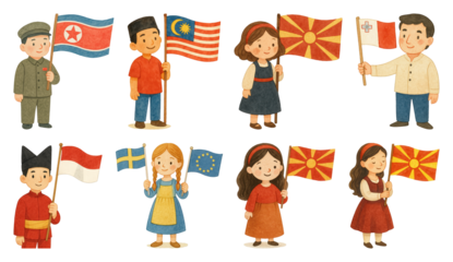 Children holding diverse national flags.