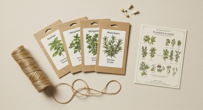 Herb Seed Packets with Planting Guide and Twine on White Surface, Rustic Charm