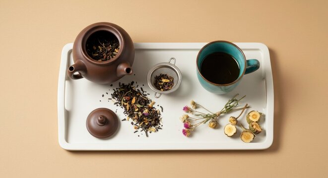 Herbal Tea Ceremony with Ceramic Teapot and Cup on a Tray