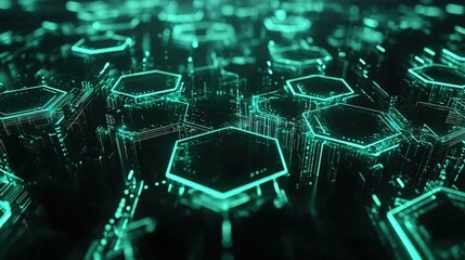 Detailed close-up view of a digital network of interconnected hexagons.