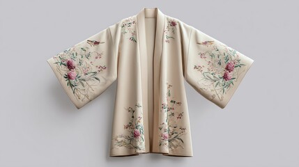 Cream-colored robe, embroidered with floral and bird motifs