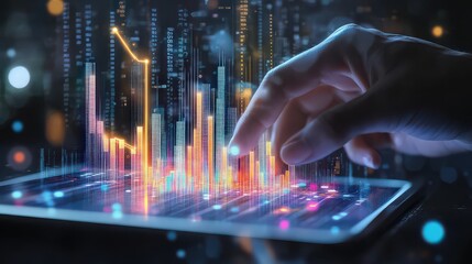 A hand interacts with a digital tablet displaying holographic financial data and stock market analysis, showcasing modern technology and investment trends