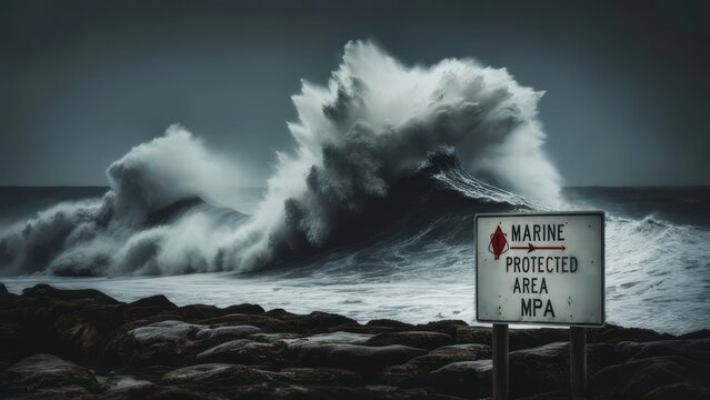 Powerful wave crashing against rocks, marine protected area sign