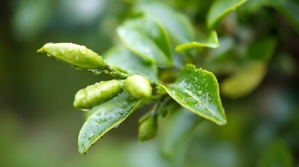 herbal. Close-up of fresh tea leaves with morning dew in soft natural light, botanical setting. gardening catalogs, home-decor guides, designed for home decor and floral branding.