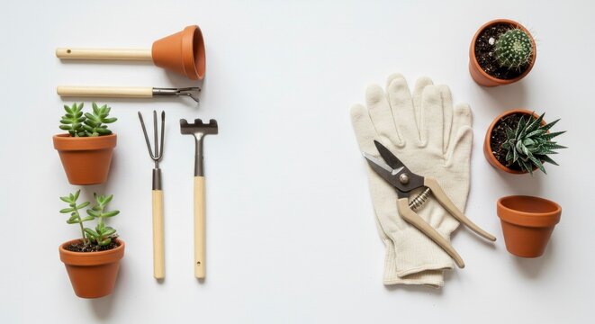 Home Gardening Tools and Succulent Plants on White Background