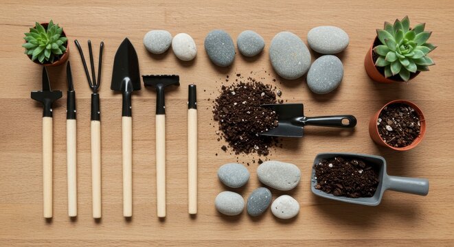 Home Gardening Tools for Transplanting Succulents Flat Lay