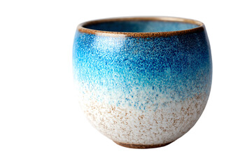 a blue and white cup with a white rim