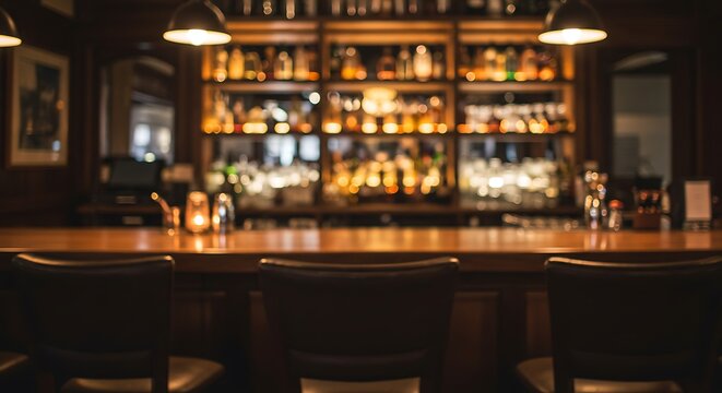 Atmospheric Bokeh Background of a Dimly Lit, Upscale Whiskey Bar Counter.