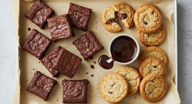 Homemade Chocolate Brownies and Cookies on a Baking Sheet with Dipping Sauce