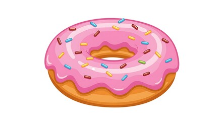 Brightly Illustrated Pink Frosted Donut with Colorful Sprinkles, Isolated Sweet Treat.