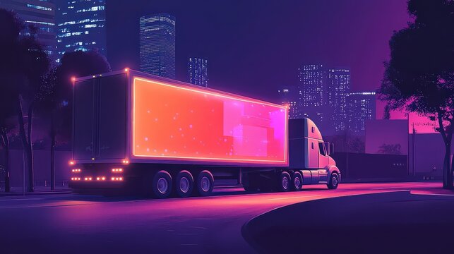 Futuristic semitruck with a glowing billboard speeding through a neonlit city at night, showcasing modern advertising and transportation technology