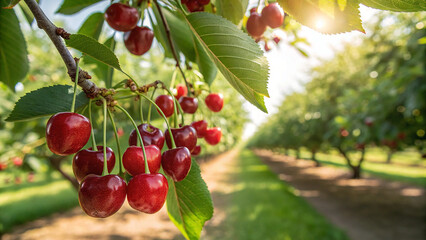 Cherry hanging on tree in garden, Cherries on tree branch in natural warm sunlight background
