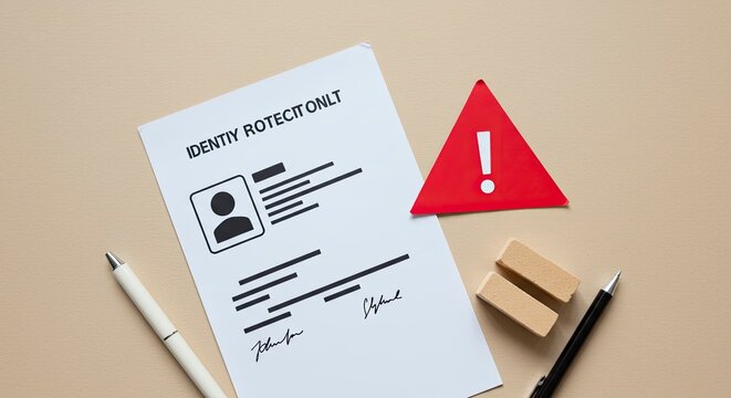 Identity Protection Alert: Document with Warning Sign and Pens on Desk