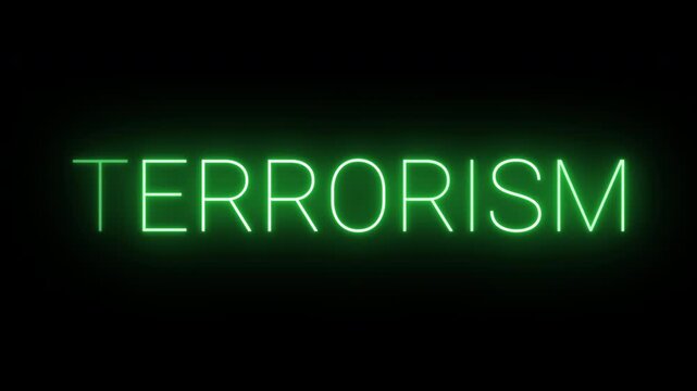 Flickering neon green terrorism sign animated on black background.

