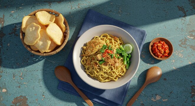 Indonesian Mie Goreng Fried Noodles with Chicken, Sambal, and Crackers