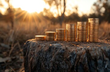 Growing Money Stacks  Sunset  Financial Growth  Investment Concept