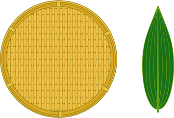 上から見た笹の葉とざる