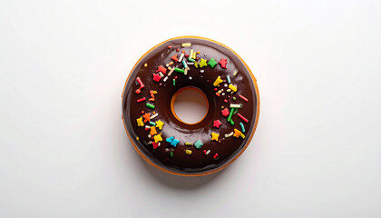 Sprinkled Chocolate Donut: A single chocolate donut adorned with colorful sprinkles. This vibrant and mouthwatering image of delicious dessert offers a delightful treat. 