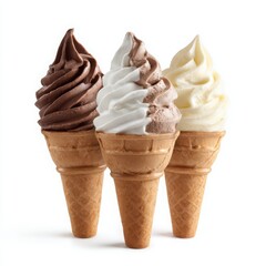 Three Delicious Soft-Serve Ice Cream Cones - Chocolate, Vanilla, and Swirl, Creamy Texture, Sweet Treat, Refreshing Summer Dessert