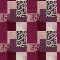 Seamless textile pattern with geometric shapes and leopard print in burgundy and beige tones