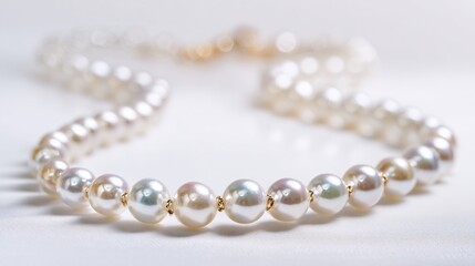 A lustrous pearl necklace rests on a soft white background, showcasing its creamy white and subtly iridescent pearls, delicately strung with gold clasps.  