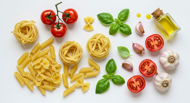 Italian Cooking Ingredients: Pasta, Tomatoes, Basil, and Garlic on a White Background