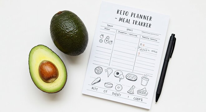 Keto Meal Tracker with Avocados and Pen, Flat Lay