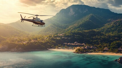 Fototapeta premium Luxury travel scene, depicting a private helicopter flying on blurred background