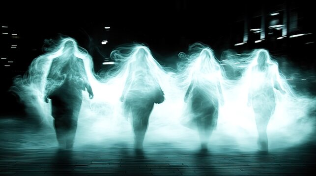 Ghost - like Figures with Glowing Auras Walking at Night