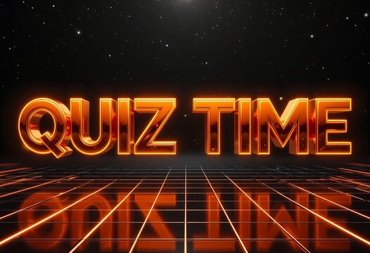 Glowing futuristic quiz time sign over a digital grid with starry background