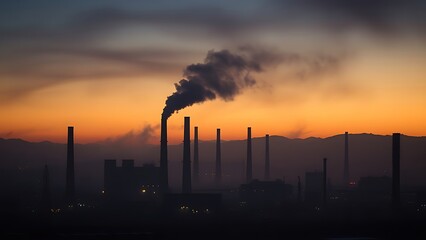Obraz premium Industrial landscape at dusk with smokestacks and atmospheric haze, rendered in moody colors with soft focus.