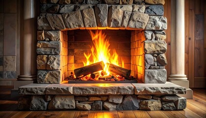 Warm Fireplace with Burning Logs in Stone Mantel