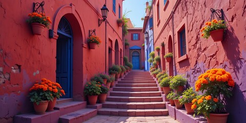 Fototapeta premium Charming narrow stairway with vibrant colorful pots and rustic mediterranean architecture under