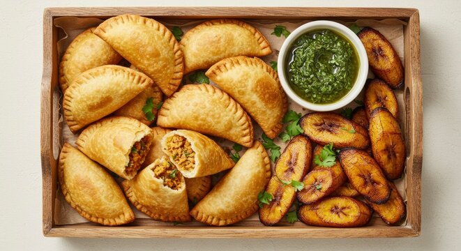 Latin American Empanadas Platter with Fried Plantains and Chimichurri Sauce