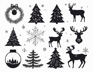Christmas set of silhouettes for design on a white background, vector illustration