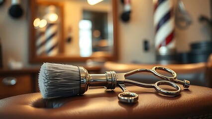 Silver hairbrush and scissors on vintage leather chair, evoking classic barbershop nostalgia.