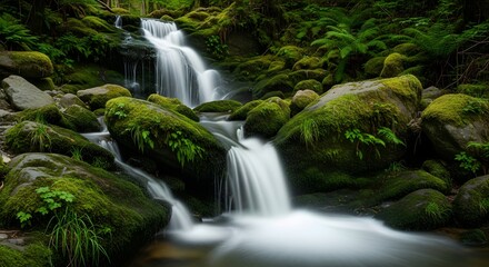 Naklejka premium Serene forest waterfall cascading over mossy rocks and boulders.