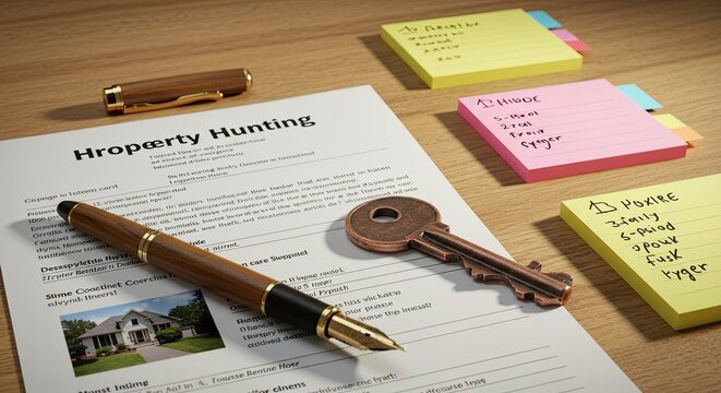 Legal Documents, Property Hunting, Key, Pen, Sticky Notes on Wooden Desk