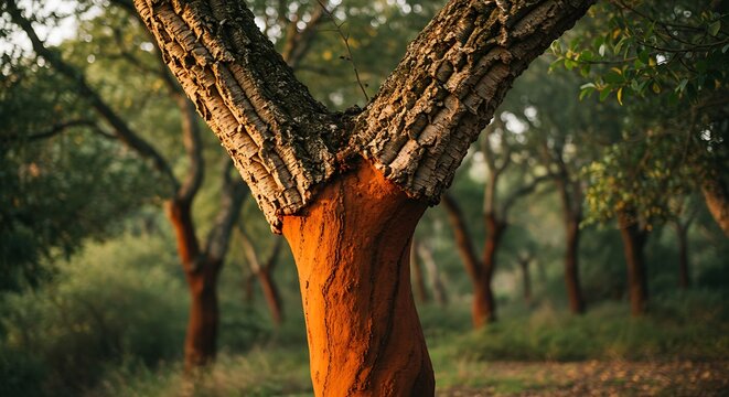 Close-Up of Cork Oak Tree Trunk with Exposed Bark, Forest Landscape, Warm Light.