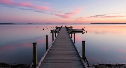 Fototapeta premium A wooden pier stretching into a calm,glassy lake at dawn.A few small boats are moored at the end.The sky is a soft blend of pastel pinks,blues,the water is still,mirroring the clouds.
