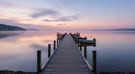 Fototapeta premium A wooden pier stretching into a calm,glassy lake at dawn.A few small boats are moored at the end.The sky is a soft blend of pastel pinks,blues,the water is still,mirroring the clouds.