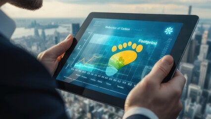 Businessman holds tablet displaying carbon footprint data over cityscape