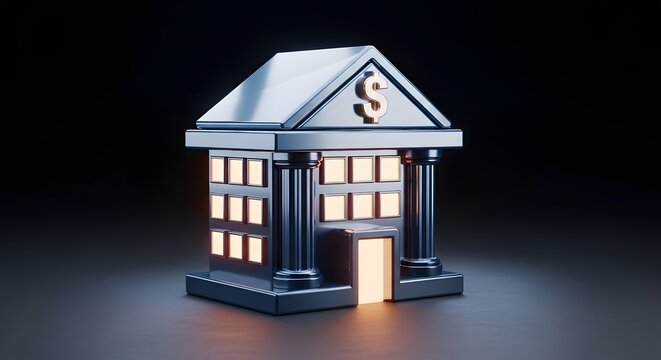Illuminated Bank Building Financial Institution Modern Architecture Business Concept Commercial Structure.