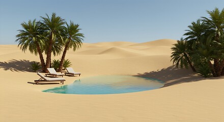 Obraz premium A desert oasis with a small pool surrounded by lush palm trees,sand dunes.Two lounge chairs are positioned near the water's edge facing the expansive,clear blue sky.The light is bright and stark