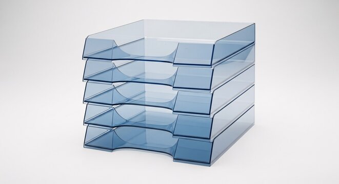 Modern blue translucent desk organizer stack for efficient office paper management and storage